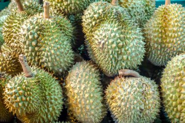 Marketteki raflarda duran durian yığını var..