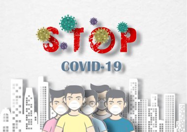 Yakın plan ve ekin grupları şehir manzarasında Corona virüsünü (Covid-19) durdurma ve virüs sembolünü beyaz arkaplanda taşıyan maske takıyorlar. Hepsi kağıt kesim biçimi ve vektör tasarımı.