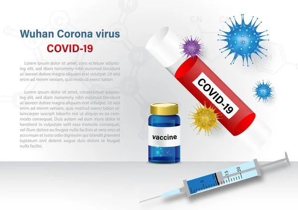 管内の血液を持つコロナウイルス ワクチンボトル および白いグラデーションの背景にCovid 19についての例テキスト ベクトルデザインの新しいコロナウイルスに関するキャンペーンポスター — ストックベクタ