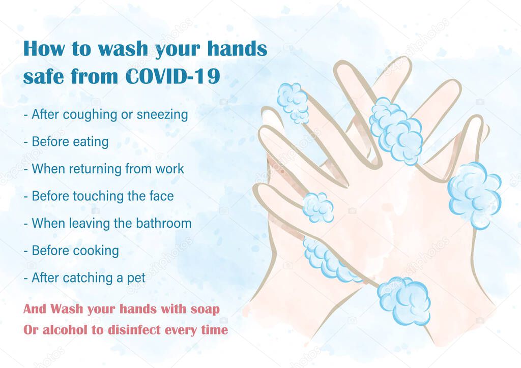 Closeup and crop human hands with washing acting in watercolors style and wording of how to protect your self from COVID-19 by wash and clean hands.