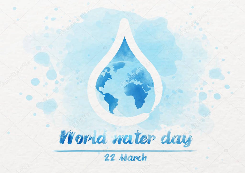 The blue earth in a water droplet with World water day wording and the day of event on light blue water color pattern and white background. All in water color style and vector design.