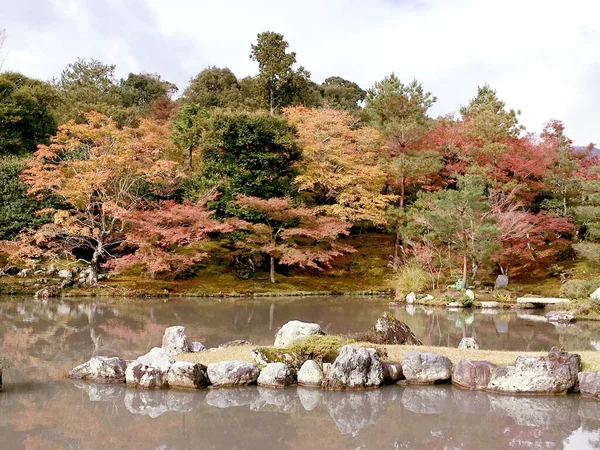 Landschap Van Herfst Esdoorn Bladeren Met Meer Het Kyoto Openbaar — Stockfoto