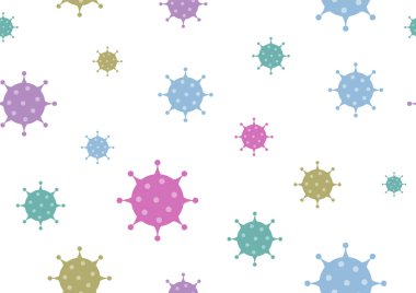 Renkli ve virüs sembolleri beyaz arkaplanda pürüzsüz ve düz dizaynlı izole edilmiş.