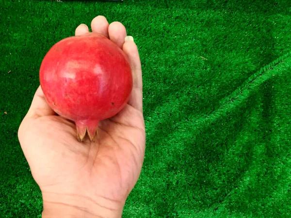 Closeup Crop Pomegranate Hand Blurred Green Grass Background — Stock Photo, Image