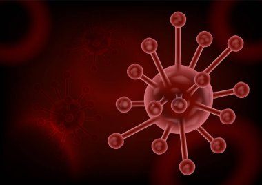 Bulanık kan hücreleri ve kırmızı zemin üzerinde 3D mikroskop görüntüsü olan neon kırmızısı virüsün yakın plan ve kırpma sembolleri.