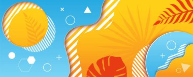 Yazın renk tonu soyut arkaplan ve alan için kağıt kesim biçimi geometri biçimi ve tropikal bitkilerin silueti üzerine metinler için.