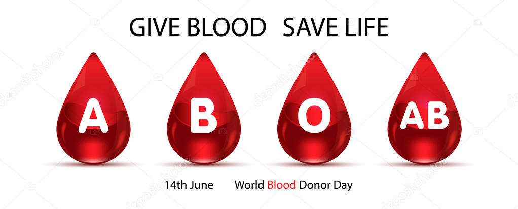 Red blood group droplets in glass style with slogan and the day, World Blood Donor Day lettering isolate on white background. Web banner and poster of World Blood Donor Day's campaign in vector design