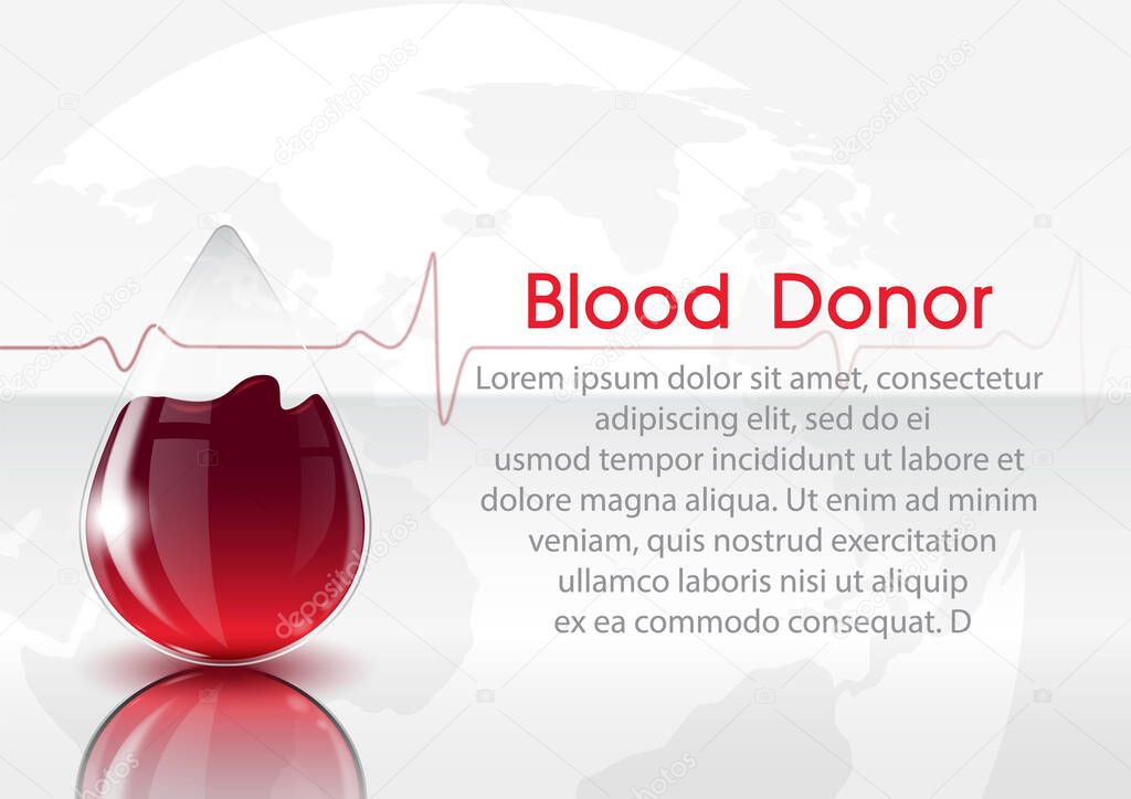Giant bloods droplet in glass design with reflection and example Lorem Ipsum texts  on world map and white background. All in vector design.