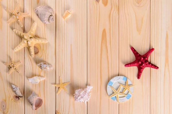貝殻とヒトデの木製の背景 — ストック写真