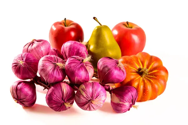 Çeşit Çeşit Organik Sebzelerle Kompozisyon Detoks Diyet Elma Kabağı Soğanı — Stok fotoğraf