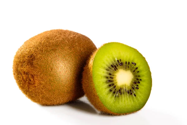 Fruta Kiwi Madura Inteira Fatiada Isolada Fundo Branco Macro Close — Fotografia de Stock