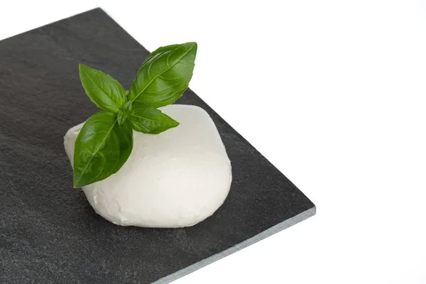 Mozzarella y albahaca en pizarra — Foto de Stock