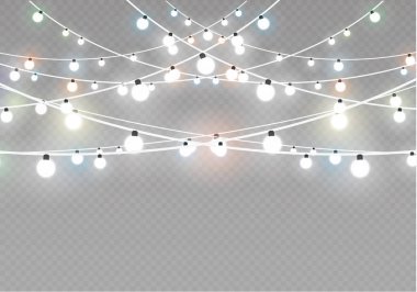 Noel ışıkları üzerinde şeffaf arka plan izole. Xmas parlayan garland. Vektör çizim