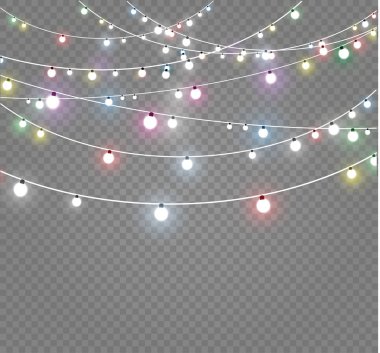 Noel ışıkları üzerinde şeffaf arka plan izole. Xmas parlayan garland. Vektör çizim