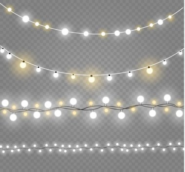 Noel ışıkları üzerinde şeffaf arka plan izole. Xmas parlayan garland. Vektör çizim