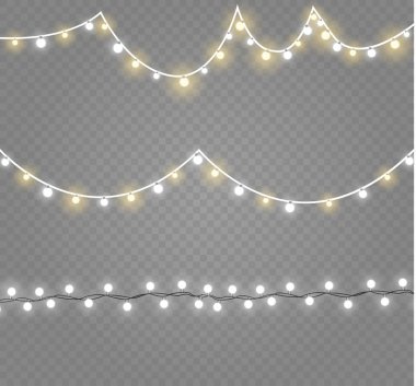 Noel ışıkları üzerinde şeffaf arka plan izole. Xmas parlayan garland. Vektör çizim