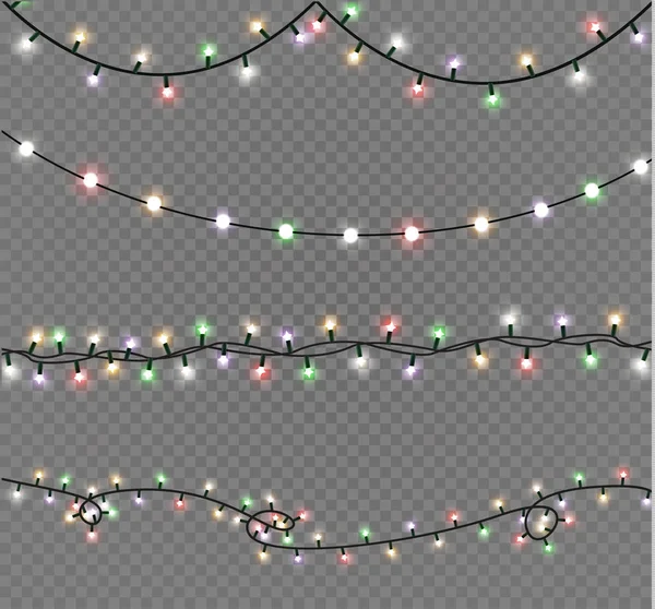 Noel ışıkları üzerinde şeffaf arka plan izole. Xmas parlayan garland. Vektör çizim — Stok Vektör