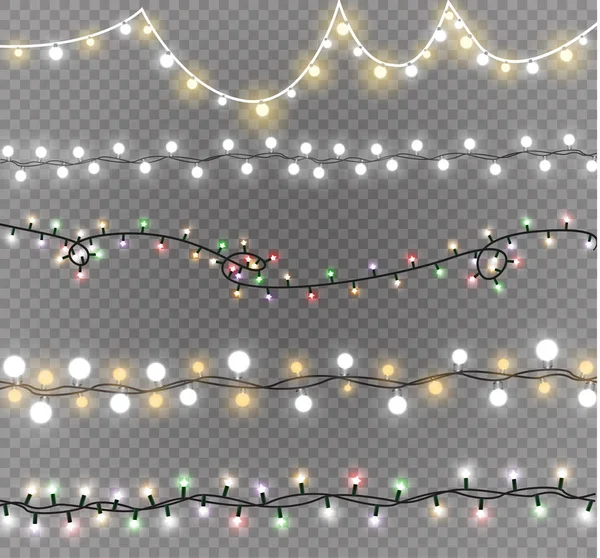 Boże Narodzenie światła na przezroczystym tle. Xmas świecącą garland. Ilustracja wektorowa — Wektor stockowy