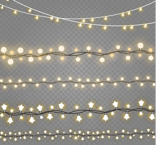 Noel ışıkları üzerinde şeffaf arka plan izole. Xmas parlayan garland. Vektör çizim