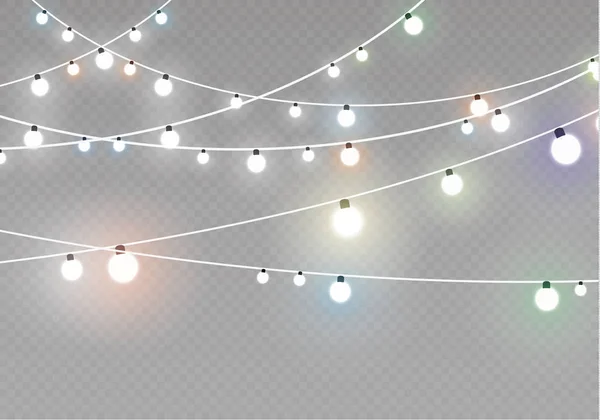 Luces de Navidad aisladas sobre fondo transparente. Guirnalda brillante de Navidad. Ilustración vectorial — Vector de stock