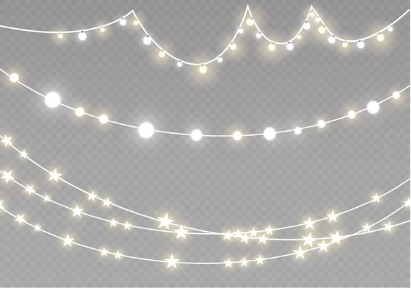 Noel ışıkları üzerinde şeffaf arka plan izole. Xmas parlayan garland. Vektör çizim