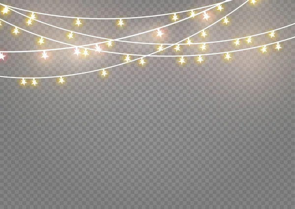 Karácsonyi fények elszigetelt átlátszó háttér. Xmas izzó garland. Vektoros illusztráció — Stock Vector