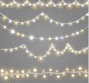 Noel ışıkları üzerinde şeffaf arka plan izole. Xmas parlayan garland. Vektör çizim