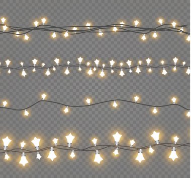 Noel ışıkları üzerinde şeffaf arka plan izole. Xmas parlayan garland. Vektör çizim