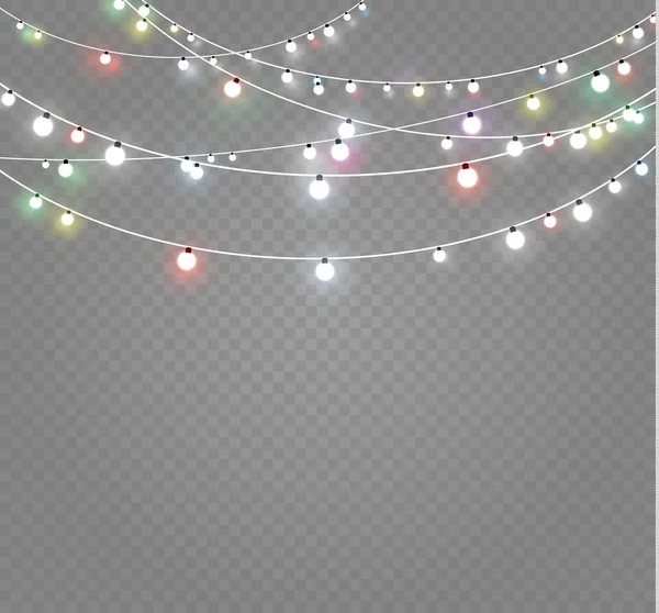Noel ışıkları üzerinde şeffaf arka plan izole. Xmas parlayan garland. Vektör çizim — Stok Vektör