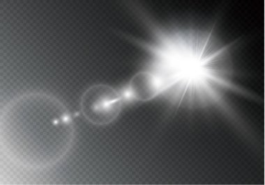 Vektör şeffaf güneş ışığı özel lens ışık efekti. Güneş ışığı ve spot ışıklarıyla parlıyor.