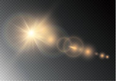 Vektör şeffaf güneş ışığı özel lens ışık efekti. Güneş ışığı ve spot ışıklarıyla parlıyor.