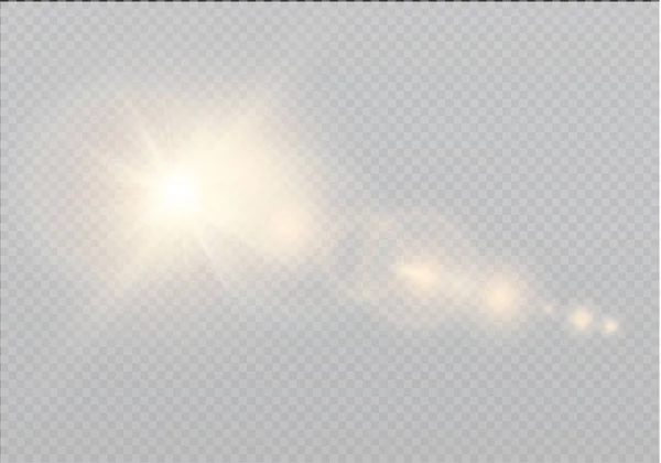Vetor de luz solar transparente efeito de luz de erupção de lente especial. Flash solar com raios e holofotes. — Vetor de Stock