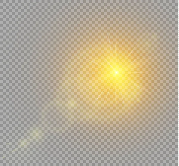 Uppsättning av gyllene glödande lampor effekter isolerad på transparent bakgrund. Solen flash med strålar och spotlight. — Stock vektor