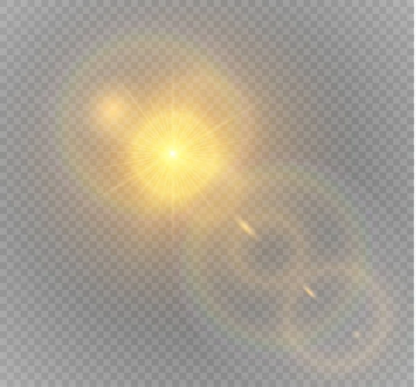 Set di luci luminose dorate isolate su sfondo trasparente. Sole flash con raggi e riflettori . — Vettoriale Stock