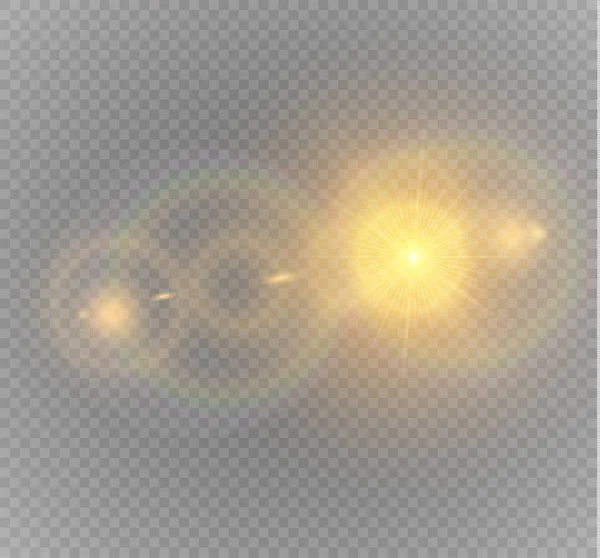 Набір ефектів золотих сяючих вогнів ізольовано на прозорому фоні. Сонячний спалах з променями і прожектором . — стоковий вектор