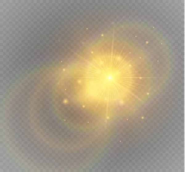 Altın parlayan kümesi üzerinde şeffaf arka plan izole etkileri ışıklar. Güneş ışınları ile flash ve spot. — Stok Vektör