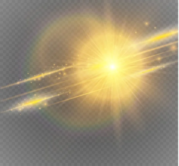 Zestaw złotej świecące światła efekty na przezroczystym tle. Flash z promieni słońca i spotlight. — Wektor stockowy