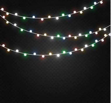 Noel ışıkları üzerinde şeffaf arka plan izole. Xmas parlayan garland. Vektör çizim