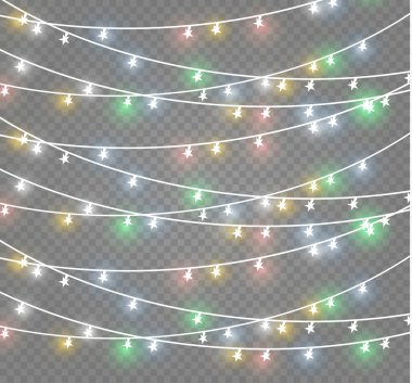 Noel ışıkları üzerinde şeffaf arka plan izole. Xmas parlayan garland. Vektör çizim