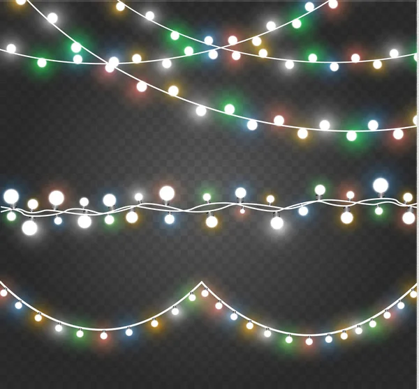 Jouluvalot eristetty läpinäkyvällä taustalla. Xmas hehkuva garland.Vector kuvitus — vektorikuva