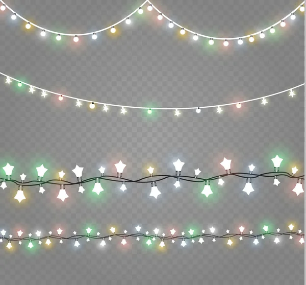 Χριστουγεννιάτικα φώτα που απομονώνονται σε διαφανές φόντο. Λαμπερό γιρλάντες Χριστουγεννιάτικες. Εικονογράφηση διάνυσμα — Διανυσματικό Αρχείο