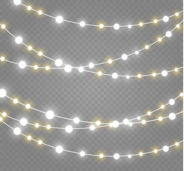 Noel ışıkları üzerinde şeffaf arka plan izole. Xmas parlayan garland. Vektör çizim