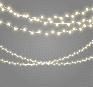 Noel ışıkları üzerinde şeffaf arka plan izole. Xmas parlayan garland. Vektör çizim