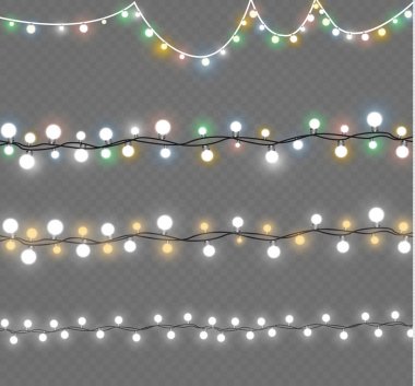 Noel ışıkları üzerinde şeffaf arka plan izole. Xmas parlayan garland. Vektör çizim