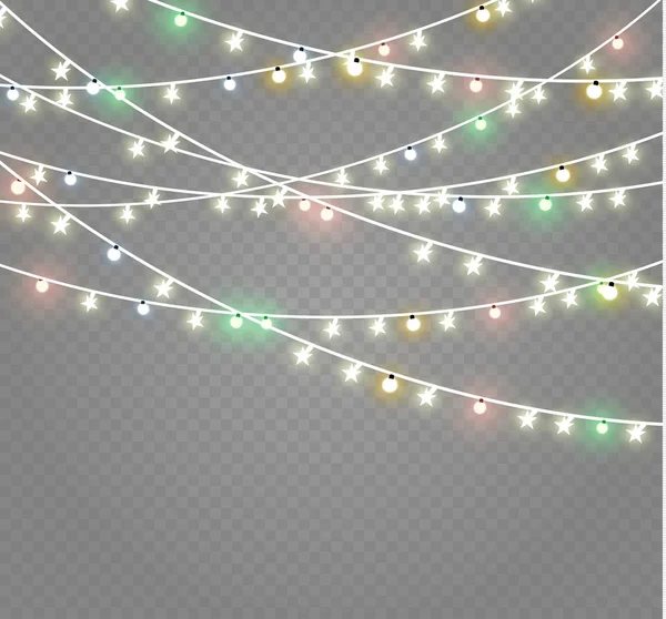 クリスマス ライトは、透明な背景に分離されました。クリスマスの熱烈なガーランド。ベクトル図 — ストックベクタ