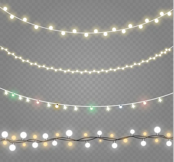Luzes de Natal isoladas em fundo transparente. Xmas guirlanda brilhante.Ilustração vetorial — Vetor de Stock