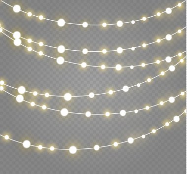 Noel ışıkları üzerinde şeffaf arka plan izole. Xmas parlayan garland. Vektör çizim