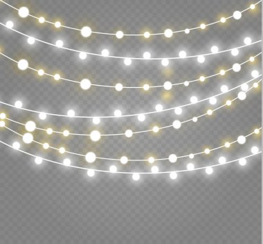 Noel ışıkları üzerinde şeffaf arka plan izole. Xmas parlayan garland. Vektör çizim