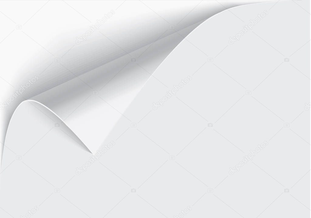Page curl with shadow on a blank sheet of paper, design element for advertising and promotional message isolated on white background. EPS 10 vector illustration.