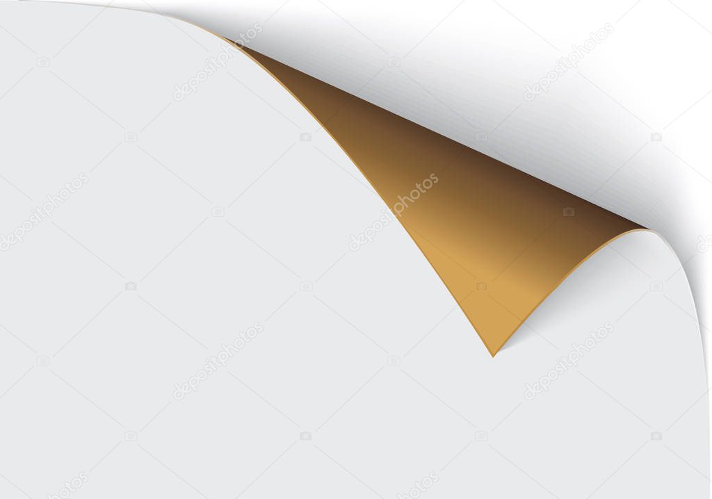 Page curl with shadow on a blank sheet of paper, design element for advertising and promotional message isolated on white background. EPS 10 vector illustration.